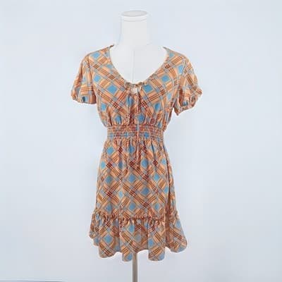 NWOT BeBop Blue & Tan Plaid Smocked-Waist Mini Dress S - Image 1