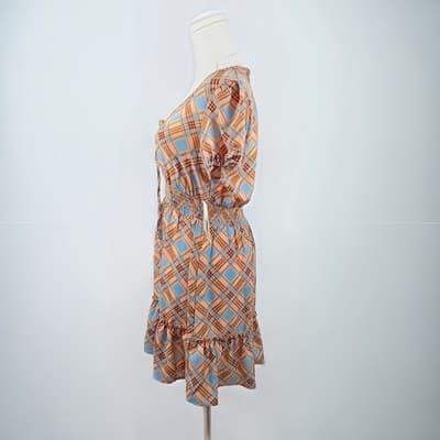 NWOT BeBop Blue & Tan Plaid Smocked-Waist Mini Dress S - Thumbnail 2