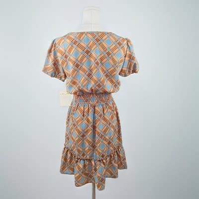 NWOT BeBop Blue & Tan Plaid Smocked-Waist Mini Dress S - Thumbnail 3