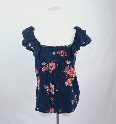 Maurices Navy Floral Ruffle-Sleeve Blouse M - Image 1