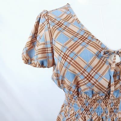 NWOT BeBop Blue & Tan Plaid Smocked-Waist Mini Dress S - Thumbnail 4