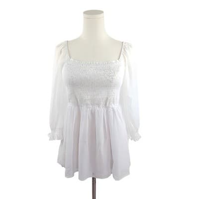 White Smocked Sheer Long Sleeve Blouse S - Image 1