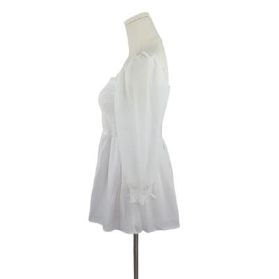 White Smocked Sheer Long Sleeve Blouse S - Thumbnail 2