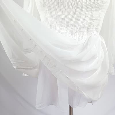 White Smocked Sheer Long Sleeve Blouse S - Thumbnail 4