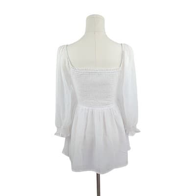 White Smocked Sheer Long Sleeve Blouse S - Thumbnail 3