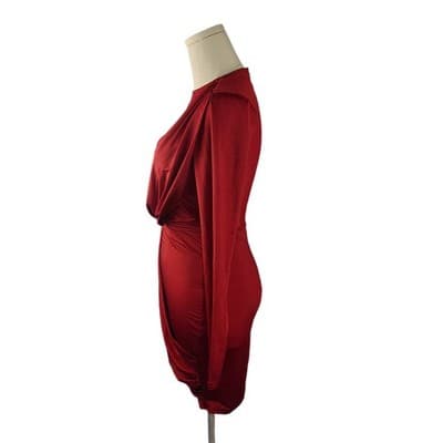 Privy Burgundy Mesh-Panel Draped Bodycon Mini Dress S - Thumbnail 2