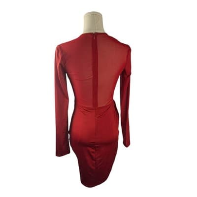 Privy Burgundy Mesh-Panel Draped Bodycon Mini Dress S - Thumbnail 3