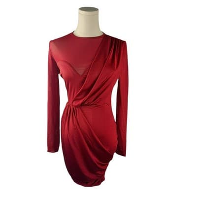 Privy Burgundy Mesh-Panel Draped Bodycon Mini Dress S - Image 1