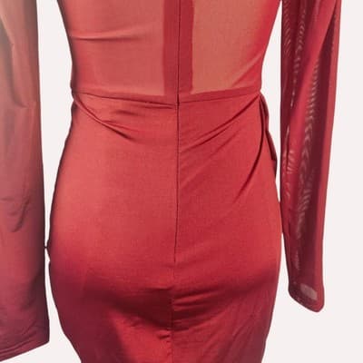 Privy Burgundy Mesh-Panel Draped Bodycon Mini Dress S - Thumbnail 7