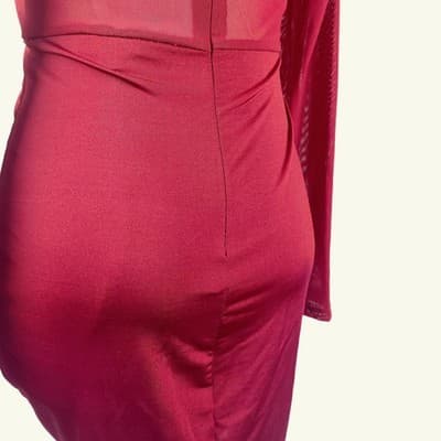 Privy Burgundy Mesh-Panel Draped Bodycon Mini Dress S - Thumbnail 6