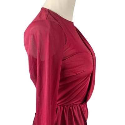 Privy Burgundy Mesh-Panel Draped Bodycon Mini Dress S - Thumbnail 9