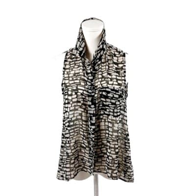 Forever 21 Black Cream Print Blouse Medium Button-Down Sleeveless Lightweight - Image 1