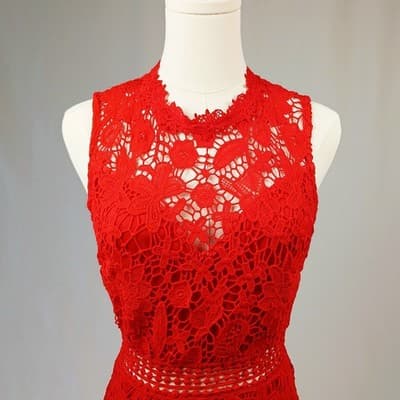 Eilly Bazar Red Sleeveless Lace Overlay Mini Cocktail Dress S - Thumbnail 4