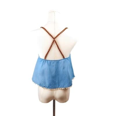 Double Zero Blue Ruffle Cropped Tank Top Braided Straps Size S Denim - Thumbnail 2