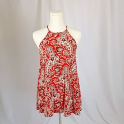 American Eagle Outfitters Red Paisley Mini Dress XS Bohemian Halter Keyhole Back - Image 1