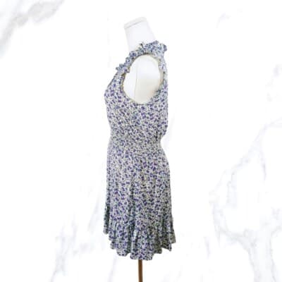 XXI White Blue Floral Ruffle Mini Dress Smocked Waist Button Front Size M - Thumbnail 2