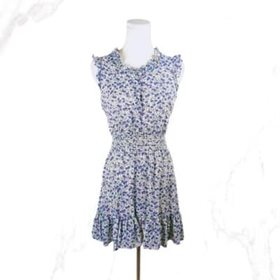 XXI White Blue Floral Ruffle Mini Dress Smocked Waist Button Front Size M - Image 1
