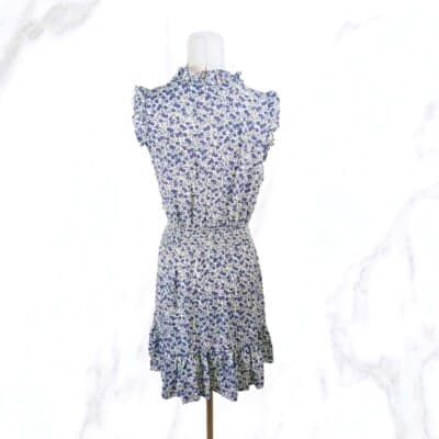 XXI White Blue Floral Ruffle Mini Dress Smocked Waist Button Front Size M - Thumbnail 3