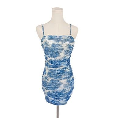SHEIN Blue and White Toile Ruched Bodycon Mini Dress XS - Image 1