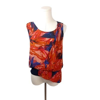 Leifsdottir Anthropologie Navy and Orange Red Silk Asymmetric Faux Wrap Blouse 0