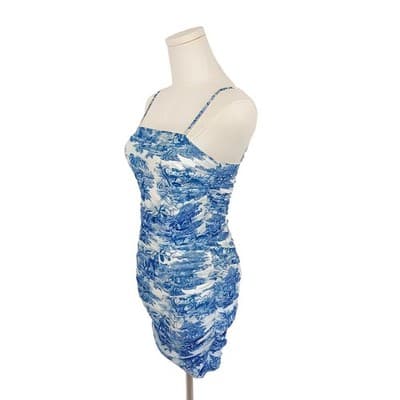 SHEIN Blue and White Toile Ruched Bodycon Mini Dress XS - Thumbnail 2