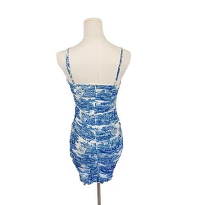 SHEIN Blue and White Toile Ruched Bodycon Mini Dress XS - Thumbnail 3