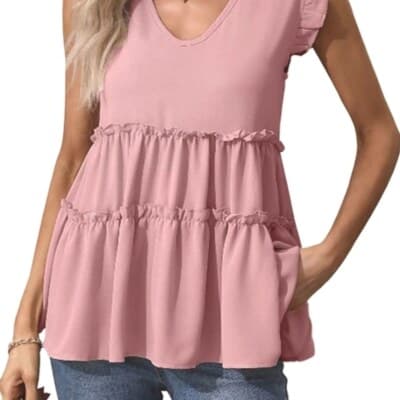 Ruffle Tiered Sleeveless Top Pink Babydoll Style V-Neck S Ruffle Trim - Image 1