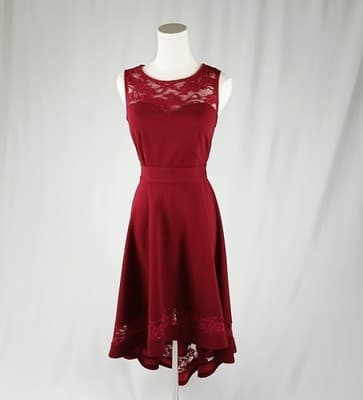 Gardenwed Burgundy Lace Sleeveless Midi Formal Dress S