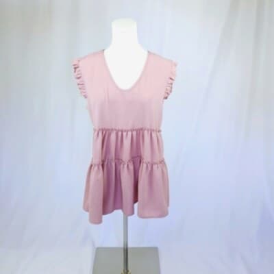 Ruffle Tiered Sleeveless Top Pink Babydoll Style V-Neck S Ruffle Trim - Thumbnail 2