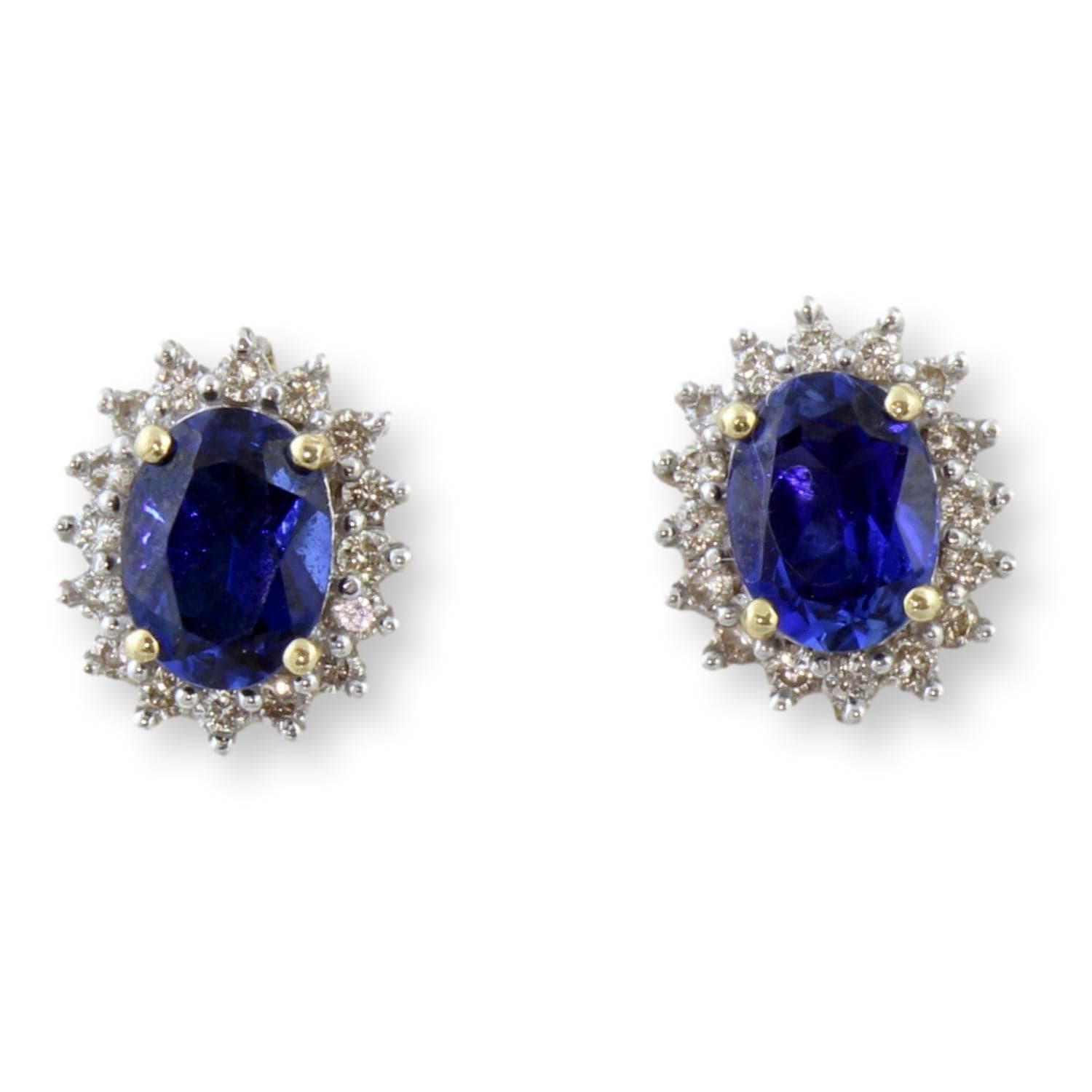 Signed Diamond Halo Blue Sapphire Earrings in 14K Gold - Image 1