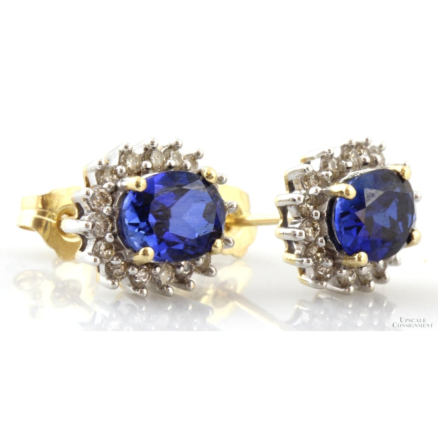 Signed Diamond Halo Blue Sapphire Earrings in 14K Gold - Thumbnail 2