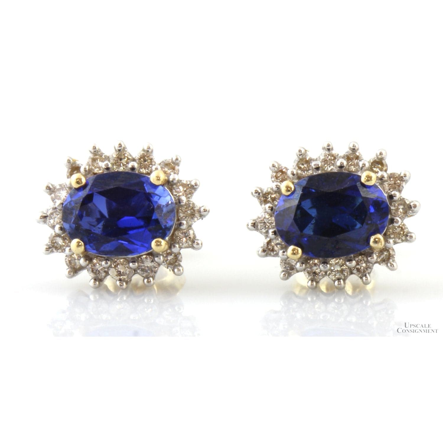 Signed Diamond Halo Blue Sapphire Earrings in 14K Gold - Thumbnail 3