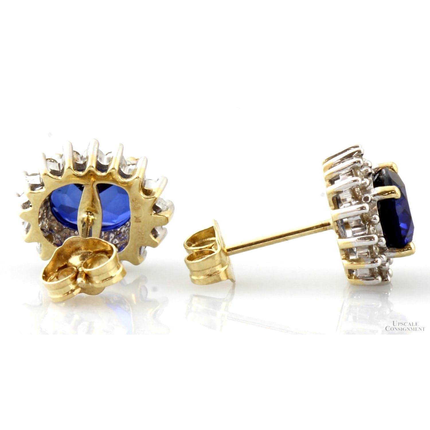 Signed Diamond Halo Blue Sapphire Earrings in 14K Gold - Thumbnail 4