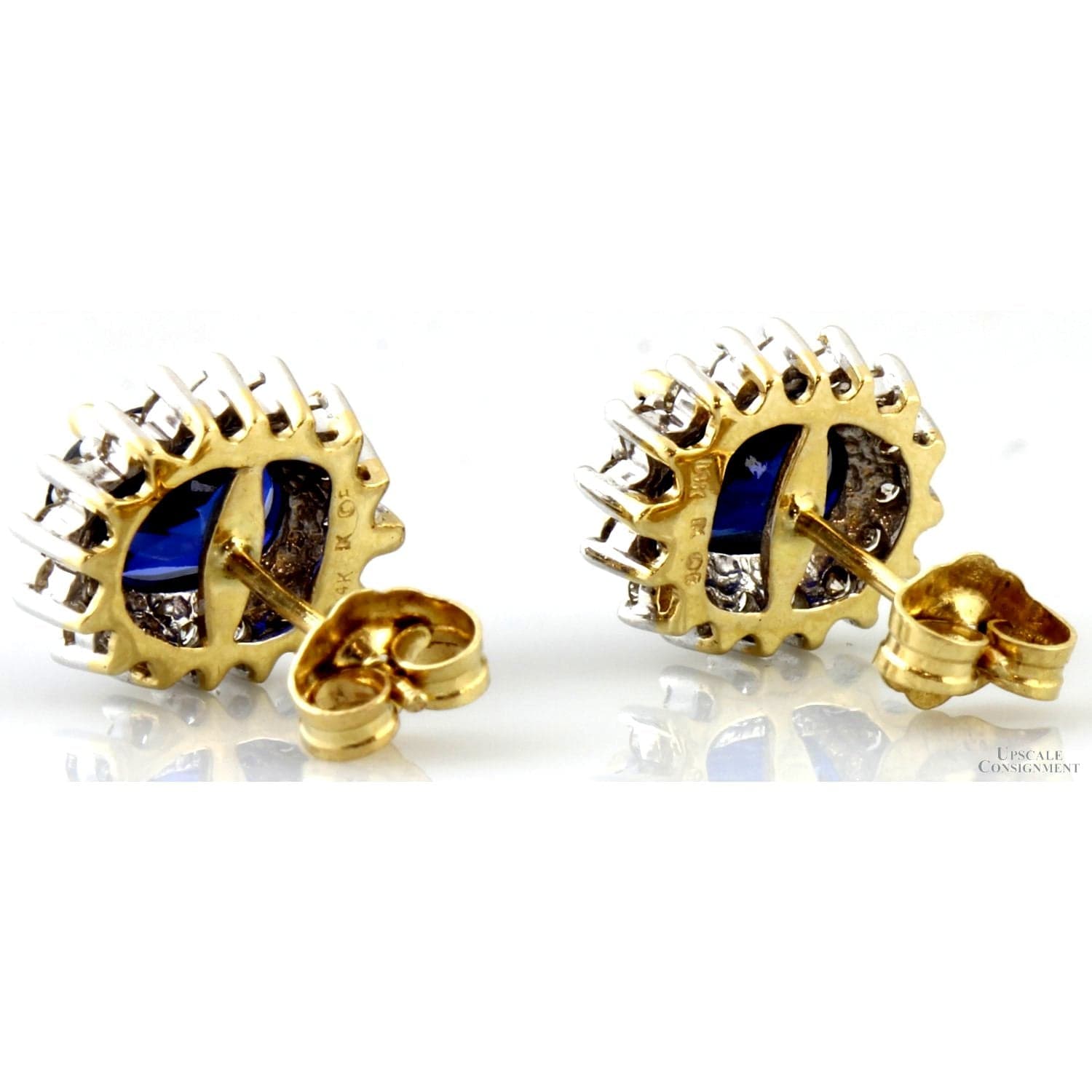 Signed Diamond Halo Blue Sapphire Earrings in 14K Gold - Thumbnail 5
