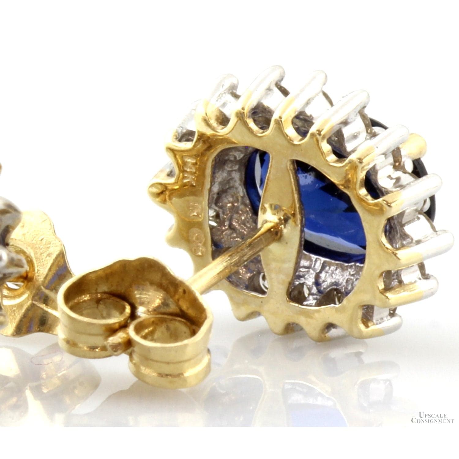 Signed Diamond Halo Blue Sapphire Earrings in 14K Gold - Thumbnail 6