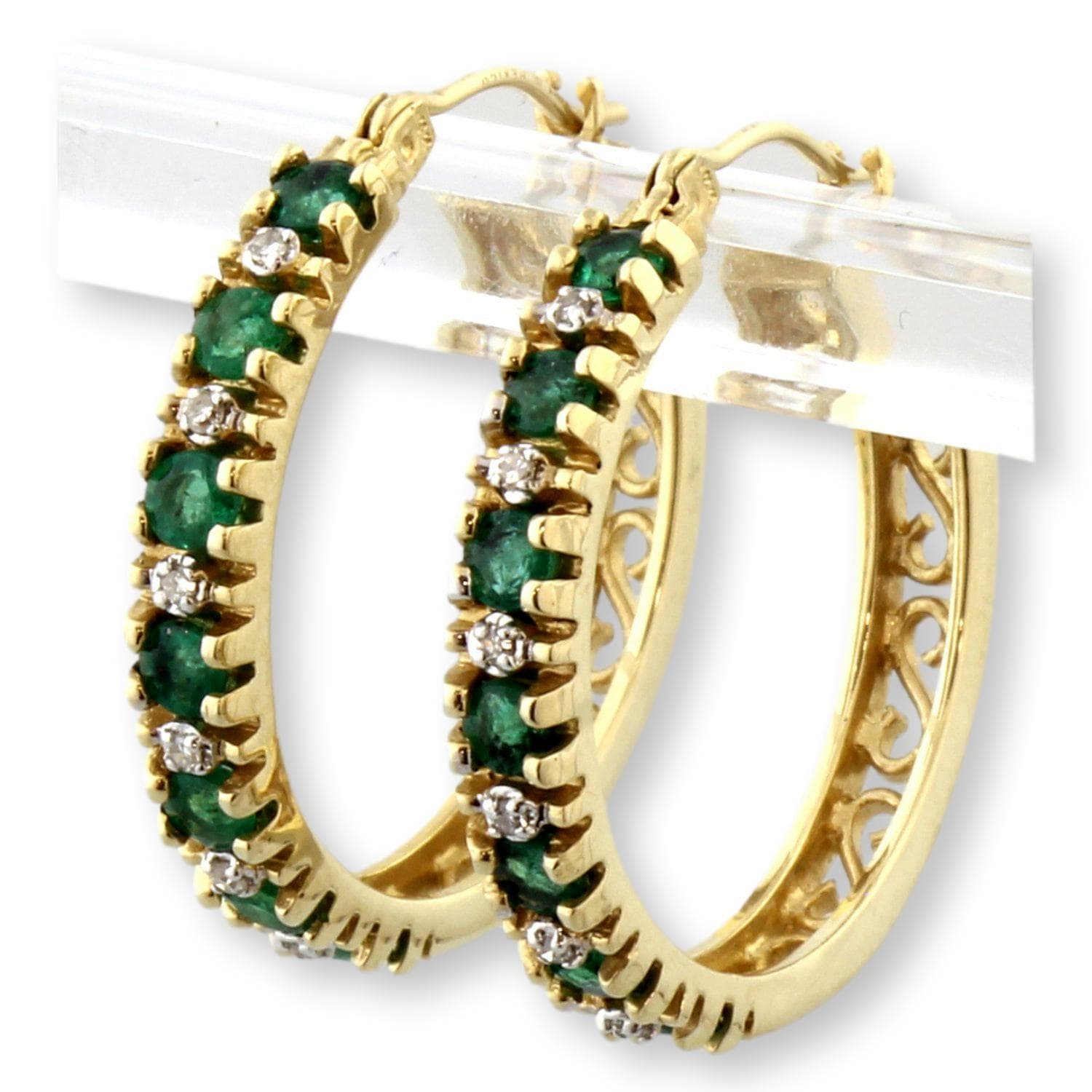 Natural Emerald & Diamond Hoop Earrings in 14K Gold - 1" x 1" - Image 1