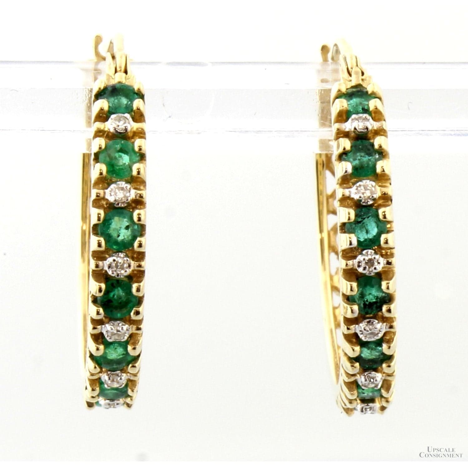 Natural Emerald & Diamond Hoop Earrings in 14K Gold - 1" x 1" - Thumbnail 2