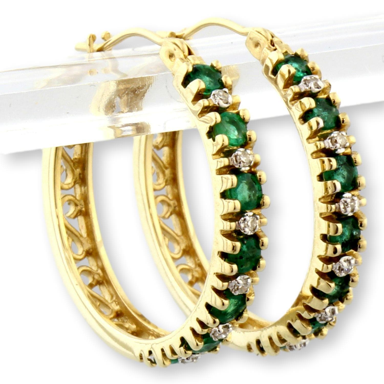 Natural Emerald & Diamond Hoop Earrings in 14K Gold - 1" x 1" - Thumbnail 3