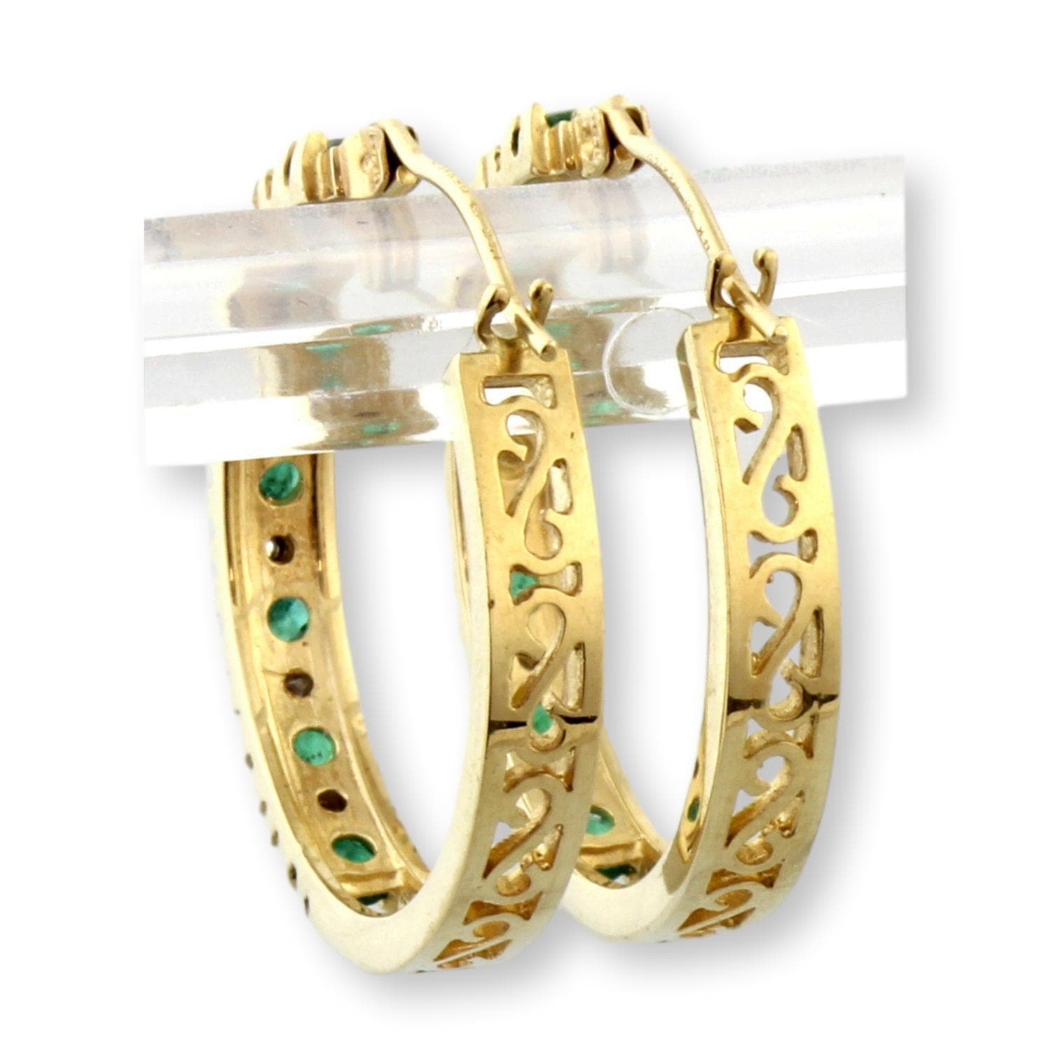 Natural Emerald & Diamond Hoop Earrings in 14K Gold - 1" x 1" - Thumbnail 4
