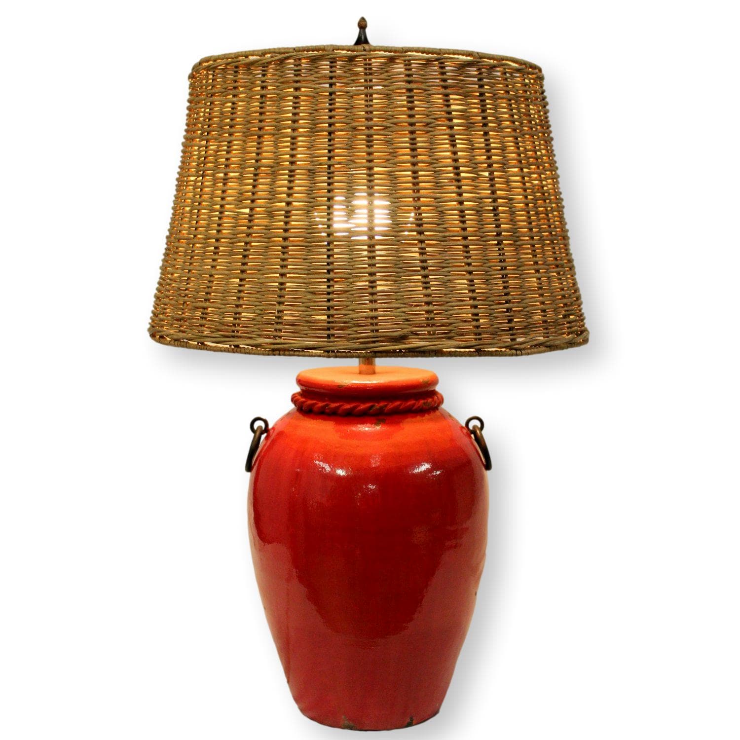 Red Ceramic Crock Table Lamp w/Wicker Shade - Image 1