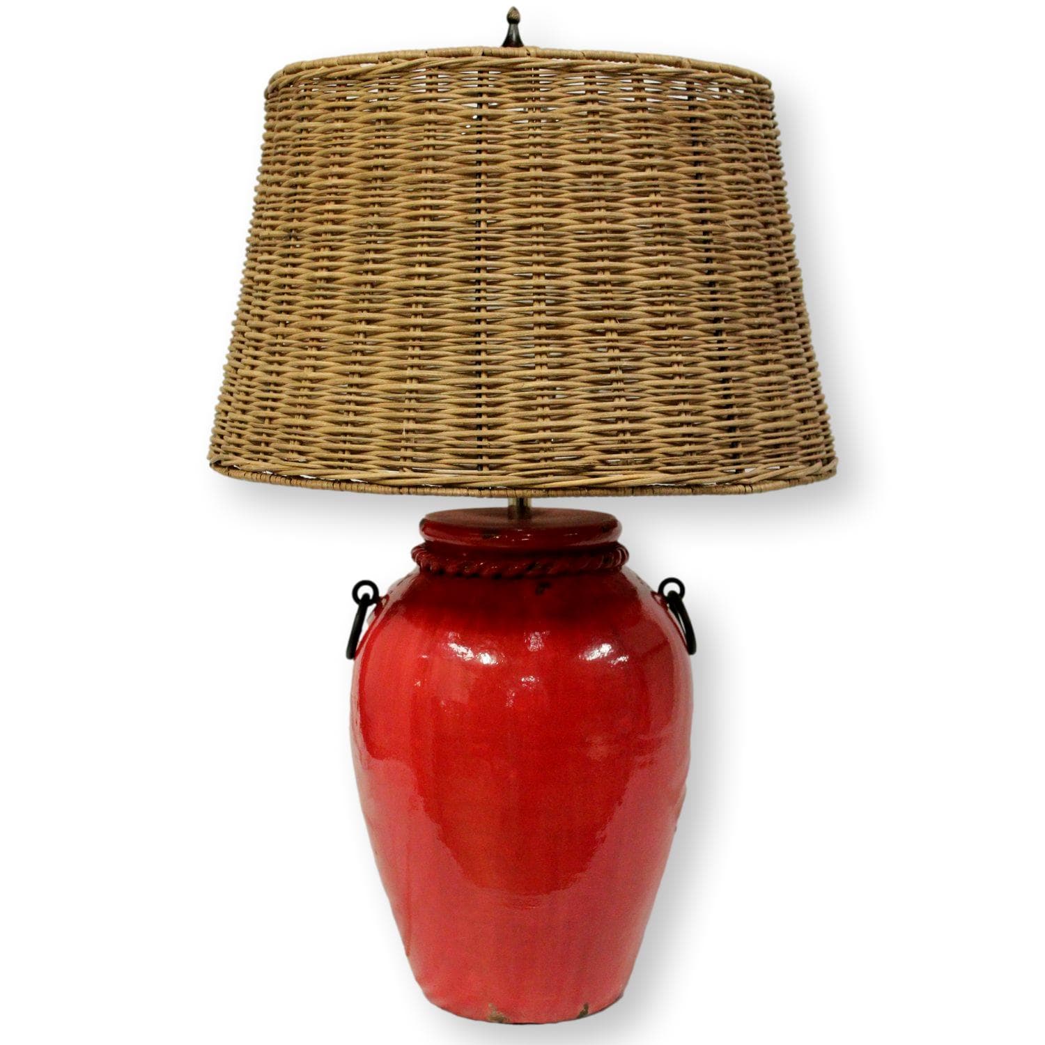 Red Ceramic Crock Table Lamp w/Wicker Shade - Thumbnail 2