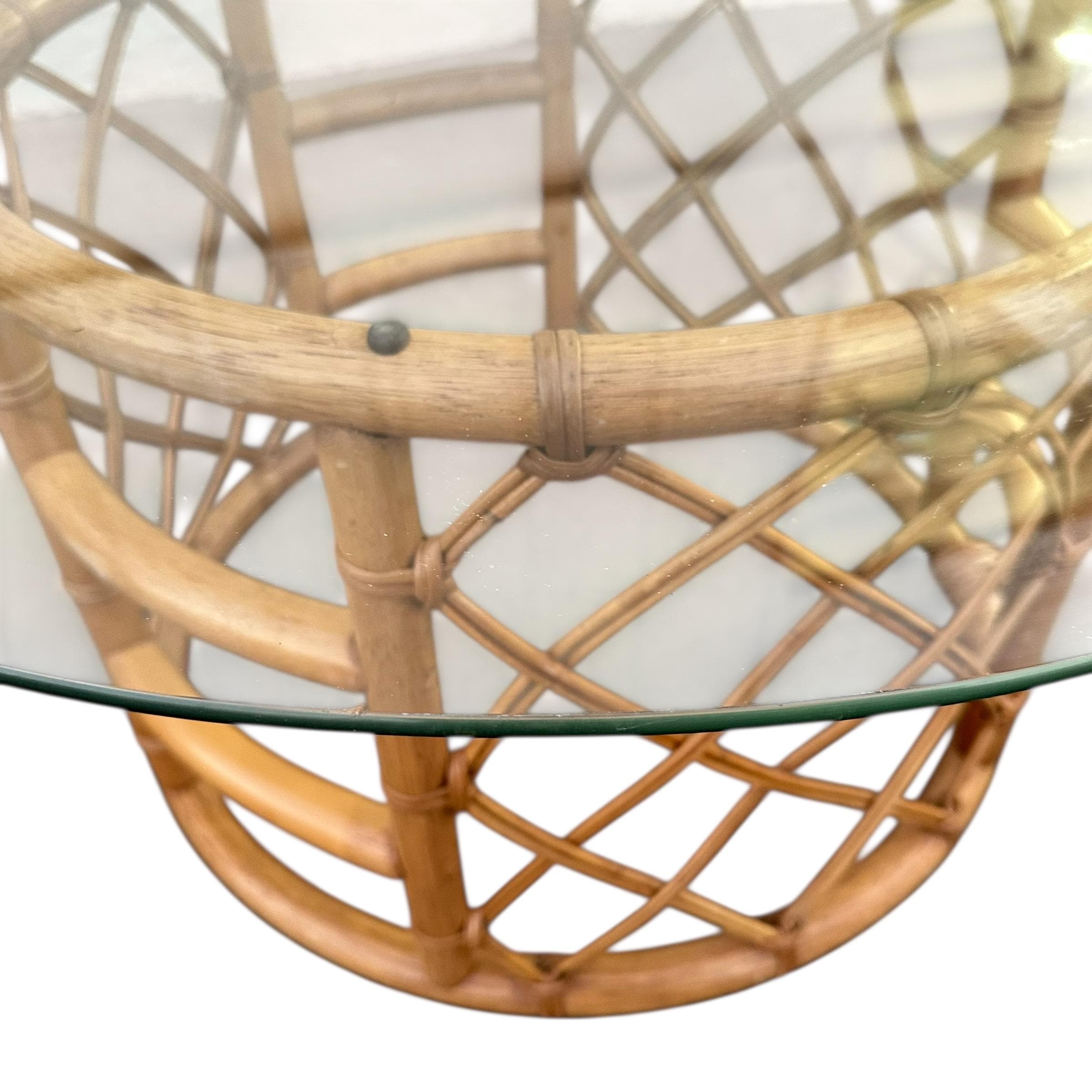 Vintage Rattan Coffee Table with Glass Top - Round Natural Coastal Boho Palm Beach Style - Thumbnail 3