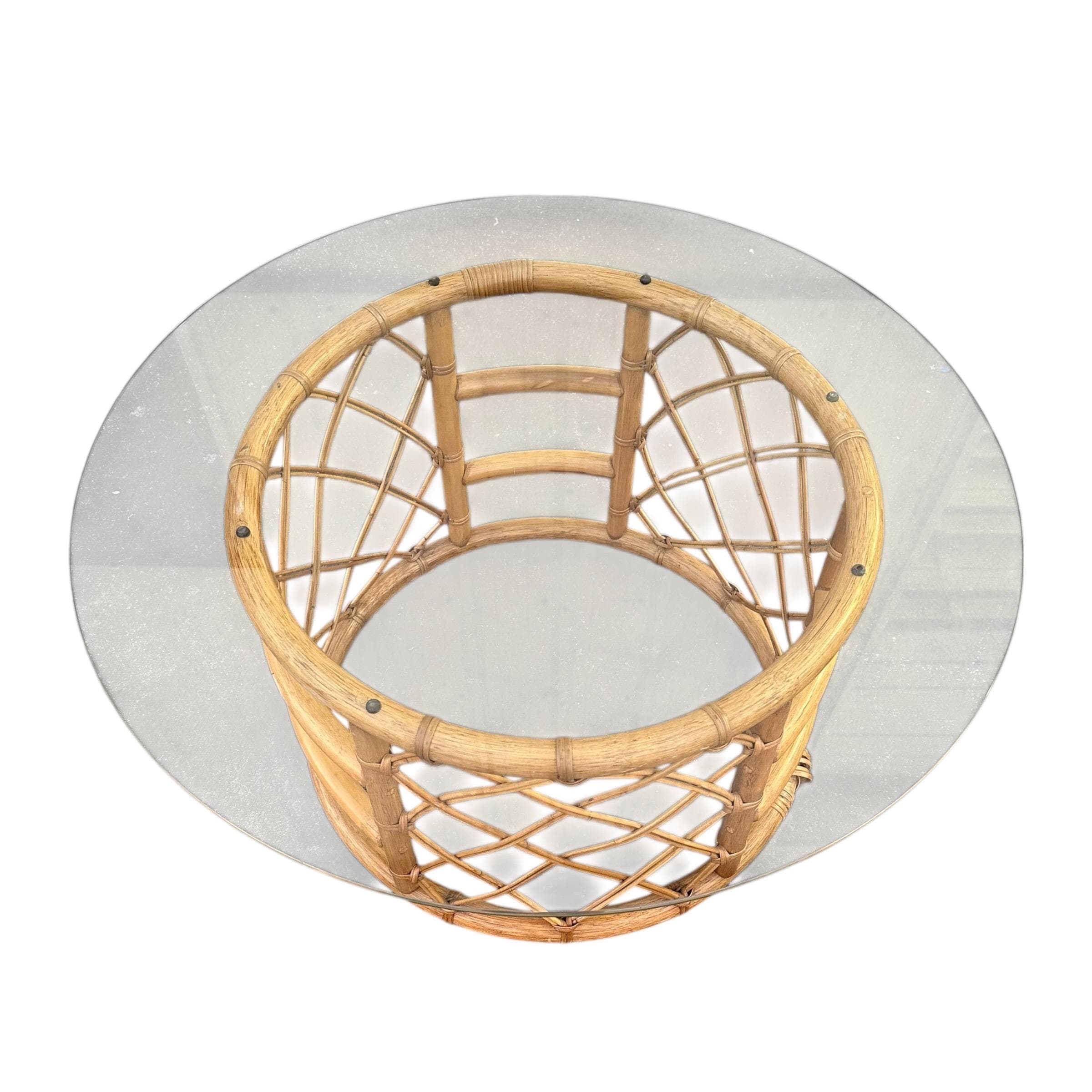 Vintage Rattan Coffee Table with Glass Top - Round Natural Coastal Boho Palm Beach Style - Thumbnail 2