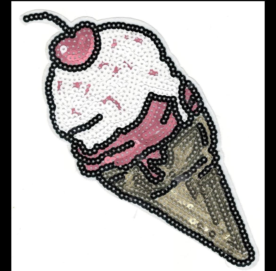 (9”x4”) Pink and White Sequined Ice Cream Cone Embrodery Iron on Patch - Image 1