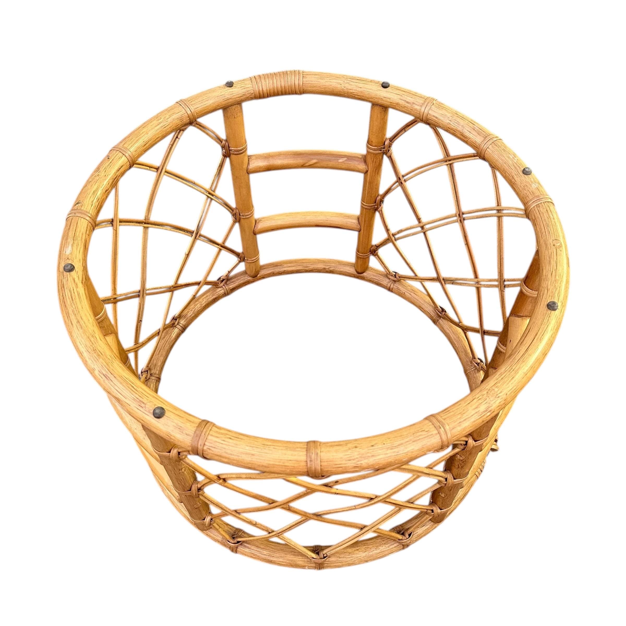 Vintage Rattan Coffee Table with Glass Top - Round Natural Coastal Boho Palm Beach Style - Thumbnail 4