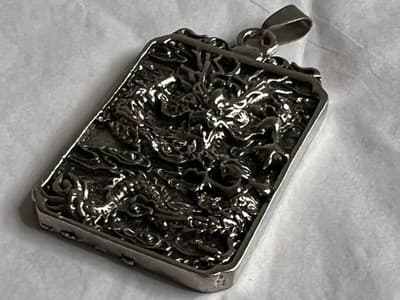 55MM Metal Chinese Dragon Blessing Pewter Pendant - Big Silver Tone Metal 3D - Thumbnail 3