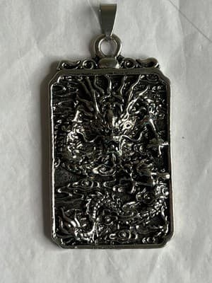 55MM Metal Chinese Dragon Blessing Pewter Pendant - Big Silver Tone Metal 3D - Thumbnail 4