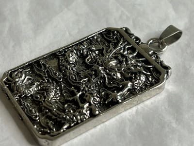55MM Metal Chinese Dragon Blessing Pewter Pendant - Big Silver Tone Metal 3D - Thumbnail 5