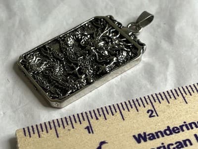 55MM Metal Chinese Dragon Blessing Pewter Pendant - Big Silver Tone Metal 3D - Thumbnail 7