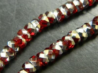 6x3MM Red & Silver Czech Fire Polished Belly Rondelle Beads - Boho Crystal - Thumbnail 7